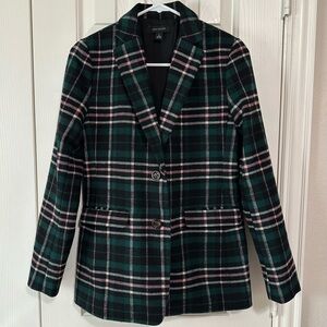 Green And Pink Plaid Blazer Ann Taylor Size 00 Wool Blend